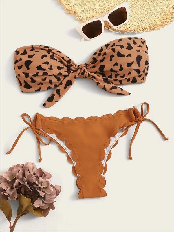 Beach Bikini Woman Lace Up Tie Strapless Leopard Swimsuit  Women's Halter Bikini V Cut Bottom Lace Up Two Piece Swimsuits Female Push Up Ruffled Bow Bathing Suit Thong Swimwear Stevvex