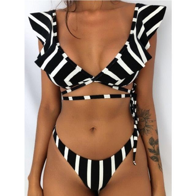 Beach Bikini Woman Lace Up Tie Strapless Leopard Swimsuit  Women's Halter Bikini V Cut Bottom Lace Up Two Piece Swimsuits Female Push Up Ruffled Bow Bathing Suit Thong Swimwear Stevvex
