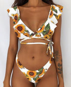 Beach Bikini Woman Lace Up Tie Strapless Leopard Swimsuit  Women's Halter Bikini V Cut Bottom Lace Up Two Piece Swimsuits Female Push Up Ruffled Bow Bathing Suit Thong Swimwear Stevvex