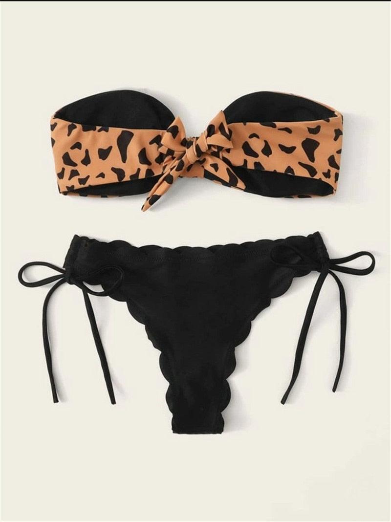 Beach Bikini Woman Lace Up Tie Strapless Leopard Swimsuit  Women's Halter Bikini V Cut Bottom Lace Up Two Piece Swimsuits Female Push Up Ruffled Bow Bathing Suit Thong Swimwear Stevvex
