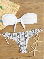 Beach Bikini Woman Lace Up Tie Strapless Leopard Swimsuit  Women's Halter Bikini V Cut Bottom Lace Up Two Piece Swimsuits Female Push Up Ruffled Bow Bathing Suit Thong Swimwear Stevvex