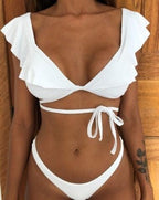 Beach Bikini Woman Lace Up Tie Strapless Leopard Swimsuit  Women's Halter Bikini V Cut Bottom Lace Up Two Piece Swimsuits Female Push Up Ruffled Bow Bathing Suit Thong Swimwear Stevvex
