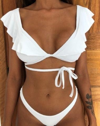 Beach Bikini Woman Lace Up Tie Strapless Leopard Swimsuit  Women's Halter Bikini V Cut Bottom Lace Up Two Piece Swimsuits Female Push Up Ruffled Bow Bathing Suit Thong Swimwear Stevvex