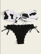 Beach Bikini Woman Lace Up Tie Strapless Leopard Swimsuit  Women's Halter Bikini V Cut Bottom Lace Up Two Piece Swimsuits Female Push Up Ruffled Bow Bathing Suit Thong Swimwear Stevvex