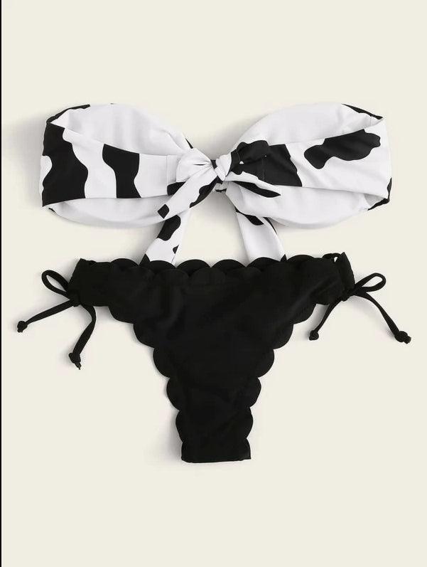Beach Bikini Woman Lace Up Tie Strapless Leopard Swimsuit  Women's Halter Bikini V Cut Bottom Lace Up Two Piece Swimsuits Female Push Up Ruffled Bow Bathing Suit Thong Swimwear Stevvex
