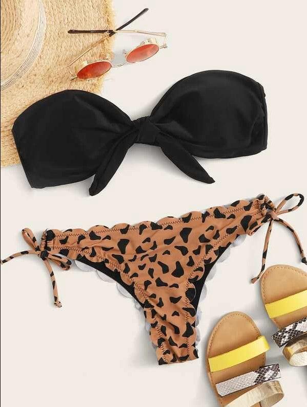 Beach Bikini Woman Lace Up Tie Strapless Leopard Swimsuit  Women's Halter Bikini V Cut Bottom Lace Up Two Piece Swimsuits Female Push Up Ruffled Bow Bathing Suit Thong Swimwear Stevvex