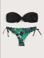 Beach Bikini Woman Lace Up Tie Strapless Leopard Swimsuit  Women's Halter Bikini V Cut Bottom Lace Up Two Piece Swimsuits Female Push Up Ruffled Bow Bathing Suit Thong Swimwear Stevvex