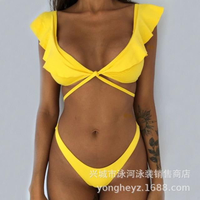 Beach Bikini Woman Lace Up Tie Strapless Leopard Swimsuit  Women's Halter Bikini V Cut Bottom Lace Up Two Piece Swimsuits Female Push Up Ruffled Bow Bathing Suit Thong Swimwear Stevvex