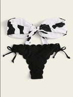 Beach Bikini Woman Lace Up Tie Strapless Leopard Swimsuit  Women's Halter Bikini V Cut Bottom Lace Up Two Piece Swimsuits Female Push Up Ruffled Bow Bathing Suit Thong Swimwear Stevvex
