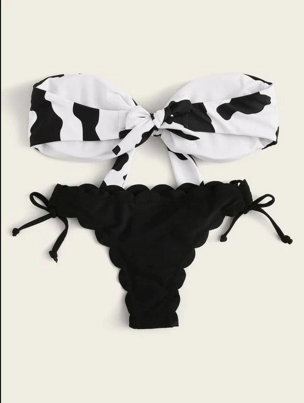 Beach Bikini Woman Lace Up Tie Strapless Leopard Swimsuit  Women's Halter Bikini V Cut Bottom Lace Up Two Piece Swimsuits Female Push Up Ruffled Bow Bathing Suit Thong Swimwear Stevvex