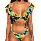 Beach Bikini Woman Lace Up Tie Strapless Leopard Swimsuit  Women's Halter Bikini V Cut Bottom Lace Up Two Piece Swimsuits Female Push Up Ruffled Bow Bathing Suit Thong Swimwear Stevvex
