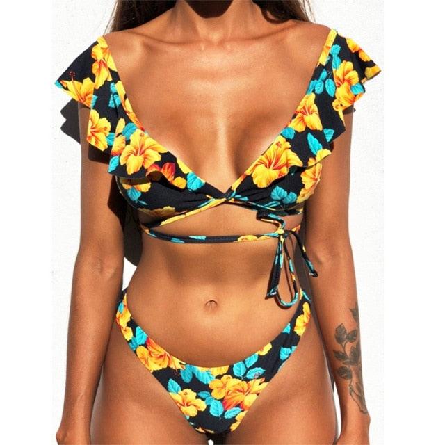 Beach Bikini Woman Lace Up Tie Strapless Leopard Swimsuit  Women's Halter Bikini V Cut Bottom Lace Up Two Piece Swimsuits Female Push Up Ruffled Bow Bathing Suit Thong Swimwear Stevvex