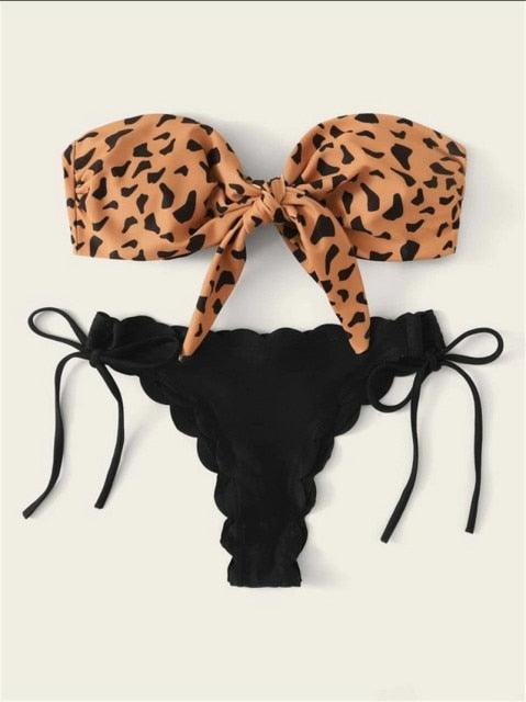 Beach Bikini Woman Lace Up Tie Strapless Leopard Swimsuit  Women's Halter Bikini V Cut Bottom Lace Up Two Piece Swimsuits Female Push Up Ruffled Bow Bathing Suit Thong Swimwear Stevvex