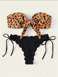 Beach Bikini Woman Lace Up Tie Strapless Leopard Swimsuit  Women's Halter Bikini V Cut Bottom Lace Up Two Piece Swimsuits Female Push Up Ruffled Bow Bathing Suit Thong Swimwear Stevvex