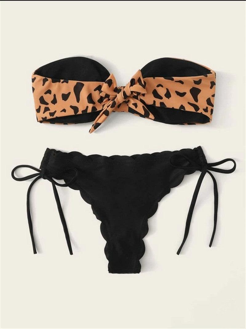Beach Bikini Woman Lace Up Tie Strapless Leopard Swimsuit  Women's Halter Bikini V Cut Bottom Lace Up Two Piece Swimsuits Female Push Up Ruffled Bow Bathing Suit Thong Swimwear Stevvex