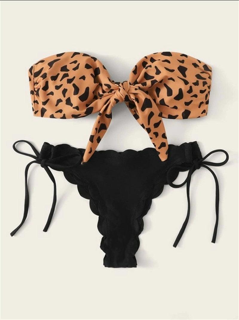 Beach Bikini Woman Lace Up Tie Strapless Leopard Swimsuit  Women's Halter Bikini V Cut Bottom Lace Up Two Piece Swimsuits Female Push Up Ruffled Bow Bathing Suit Thong Swimwear Stevvex