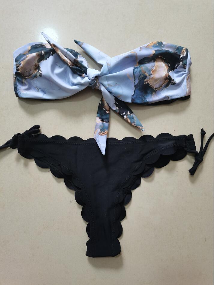 Beach Bikini Woman Lace Up Tie Strapless Leopard Swimsuit  Women's Halter Bikini V Cut Bottom Lace Up Two Piece Swimsuits Female Push Up Ruffled Bow Bathing Suit Thong Swimwear Stevvex