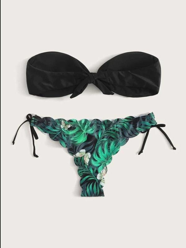 Beach Bikini Woman Lace Up Tie Strapless Leopard Swimsuit  Women's Halter Bikini V Cut Bottom Lace Up Two Piece Swimsuits Female Push Up Ruffled Bow Bathing Suit Thong Swimwear Stevvex
