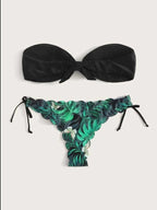 Beach Bikini Woman Lace Up Tie Strapless Leopard Swimsuit  Women's Halter Bikini V Cut Bottom Lace Up Two Piece Swimsuits Female Push Up Ruffled Bow Bathing Suit Thong Swimwear Stevvex