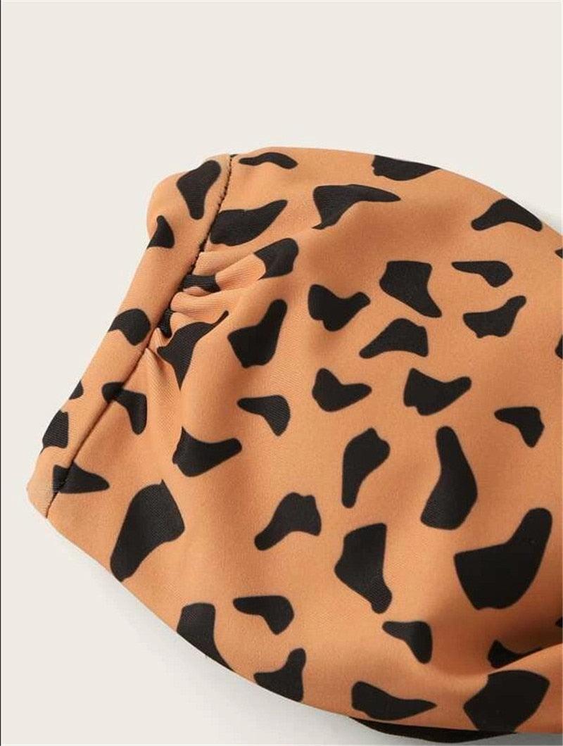 Beach Bikini Woman Lace Up Tie Strapless Leopard Swimsuit  Women's Halter Bikini V Cut Bottom Lace Up Two Piece Swimsuits Female Push Up Ruffled Bow Bathing Suit Thong Swimwear Stevvex