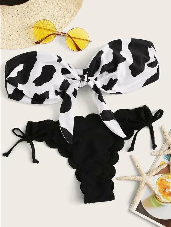 Beach Bikini Woman Lace Up Tie Strapless Leopard Swimsuit  Women's Halter Bikini V Cut Bottom Lace Up Two Piece Swimsuits Female Push Up Ruffled Bow Bathing Suit Thong Swimwear Stevvex