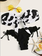 Beach Bikini Woman Lace Up Tie Strapless Leopard Swimsuit  Women's Halter Bikini V Cut Bottom Lace Up Two Piece Swimsuits Female Push Up Ruffled Bow Bathing Suit Thong Swimwear Stevvex