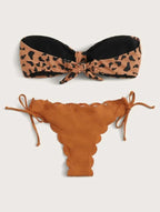 Beach Bikini Woman Lace Up Tie Strapless Leopard Swimsuit  Women's Halter Bikini V Cut Bottom Lace Up Two Piece Swimsuits Female Push Up Ruffled Bow Bathing Suit Thong Swimwear Stevvex