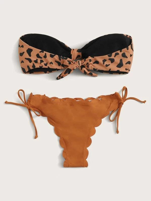 Beach Bikini Woman Lace Up Tie Strapless Leopard Swimsuit  Women's Halter Bikini V Cut Bottom Lace Up Two Piece Swimsuits Female Push Up Ruffled Bow Bathing Suit Thong Swimwear Stevvex