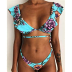 Beach Bikini Woman Lace Up Tie Strapless Leopard Swimsuit  Women's Halter Bikini V Cut Bottom Lace Up Two Piece Swimsuits Female Push Up Ruffled Bow Bathing Suit Thong Swimwear Stevvex