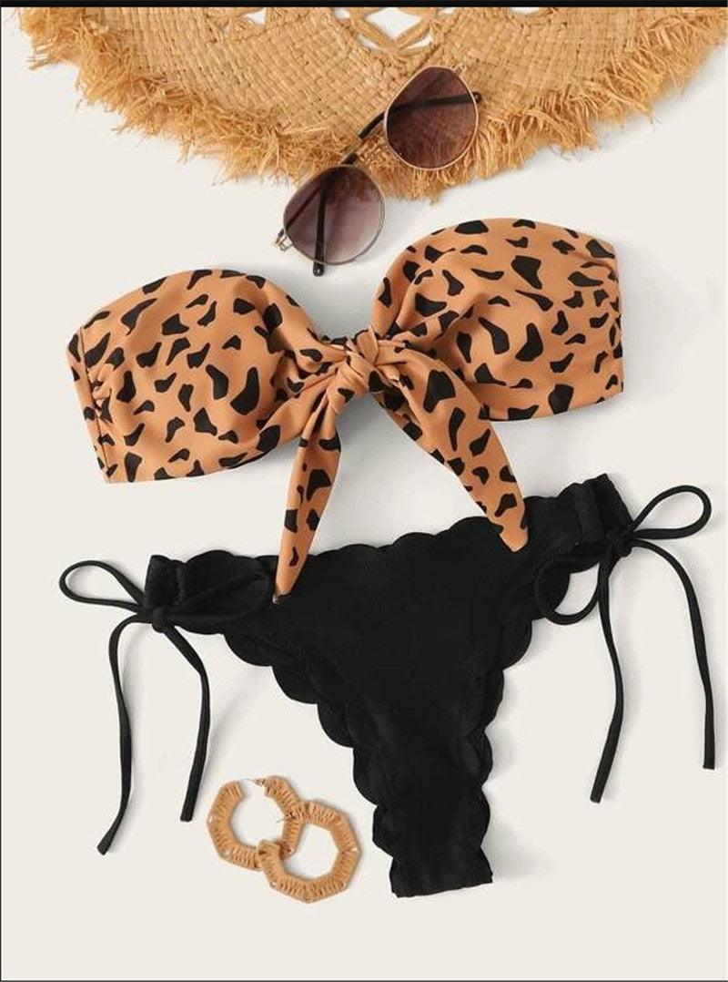 Beach Bikini Woman Lace Up Tie Strapless Leopard Swimsuit  Women's Halter Bikini V Cut Bottom Lace Up Two Piece Swimsuits Female Push Up Ruffled Bow Bathing Suit Thong Swimwear Stevvex