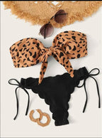 Beach Bikini Woman Lace Up Tie Strapless Leopard Swimsuit  Women's Halter Bikini V Cut Bottom Lace Up Two Piece Swimsuits Female Push Up Ruffled Bow Bathing Suit Thong Swimwear Stevvex
