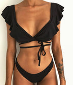 Beach Bikini Woman Lace Up Tie Strapless Leopard Swimsuit  Women's Halter Bikini V Cut Bottom Lace Up Two Piece Swimsuits Female Push Up Ruffled Bow Bathing Suit Thong Swimwear Stevvex