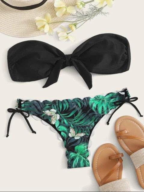 Beach Bikini Woman Lace Up Tie Strapless Leopard Swimsuit  Women's Halter Bikini V Cut Bottom Lace Up Two Piece Swimsuits Female Push Up Ruffled Bow Bathing Suit Thong Swimwear Stevvex
