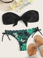 Beach Bikini Woman Lace Up Tie Strapless Leopard Swimsuit  Women's Halter Bikini V Cut Bottom Lace Up Two Piece Swimsuits Female Push Up Ruffled Bow Bathing Suit Thong Swimwear Stevvex