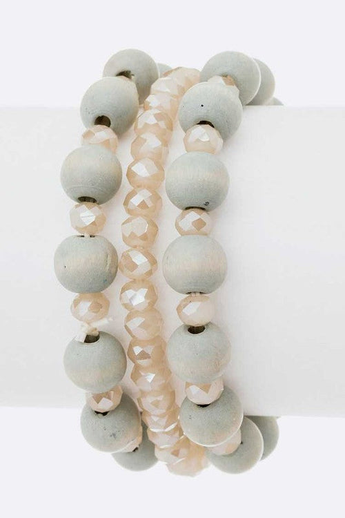 Beaded Stretch Bracelet Set Wood And Gold Toned Boho