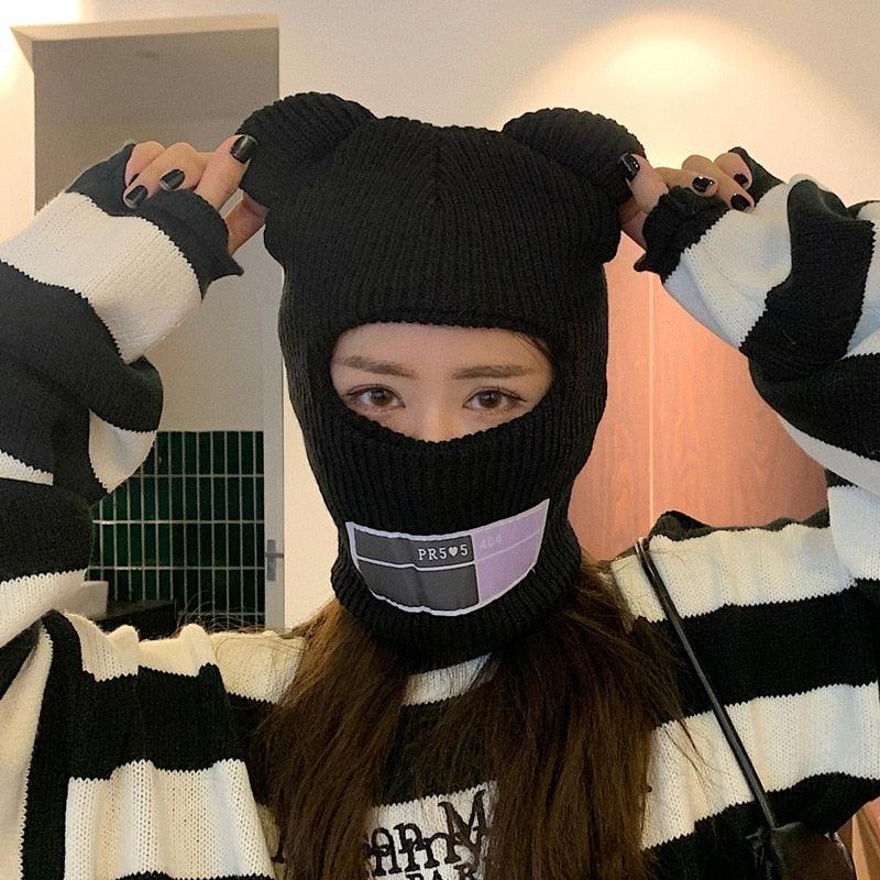 Bear Ears Balaclava Ladies 1 Hole Ski Mask Handmade Crochet Full Face Wooly Hat Cute Girl Winter Streetwear Warm Beanie Knitted Ski Full Face Covering Adult Winter Balaclava for Outdoor Sports Weather Balaclava Ski Mask for Men Windproof Thermal Beanie Stevvex