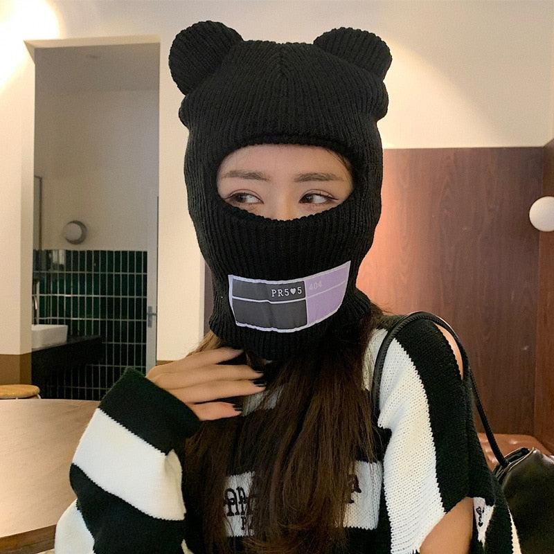 Bear Ears Balaclava Ladies 1 Hole Ski Mask Handmade Crochet Full Face Wooly Hat Cute Girl Winter Streetwear Warm Beanie Knitted Ski Full Face Covering Adult Winter Balaclava for Outdoor Sports Weather Balaclava Ski Mask for Men Windproof Thermal Beanie Stevvex
