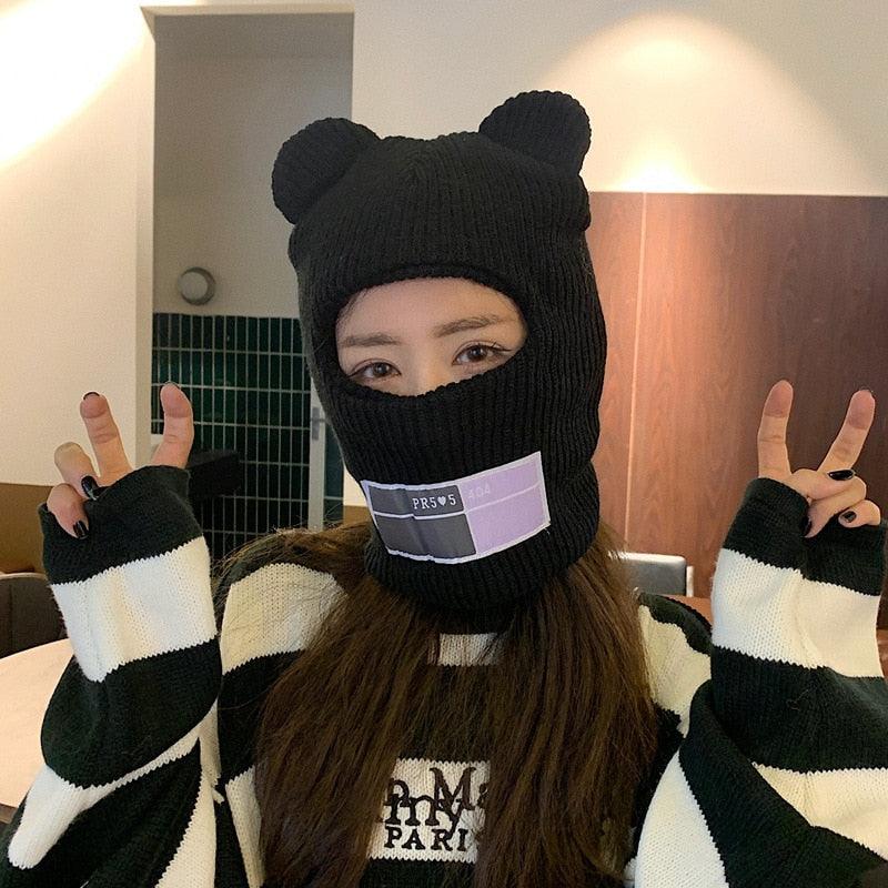 Bear Ears Balaclava Ladies 1 Hole Ski Mask Handmade Crochet Full Face Wooly Hat Cute Girl Winter Streetwear Warm Beanie Knitted Ski Full Face Covering Adult Winter Balaclava for Outdoor Sports Weather Balaclava Ski Mask for Men Windproof Thermal Beanie Stevvex