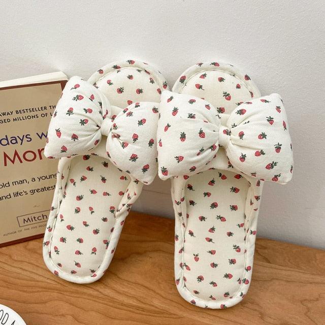 Beautiful Bow Flat Lightweight Soft Spring Autumn Women Cotton Shoes Indoor Fluffy Warm Home Comfortable High Quality Slippers Memory Foam Open Toe Slide Slippers Ribbon Strap  Slip-On House Shoes Stevvex