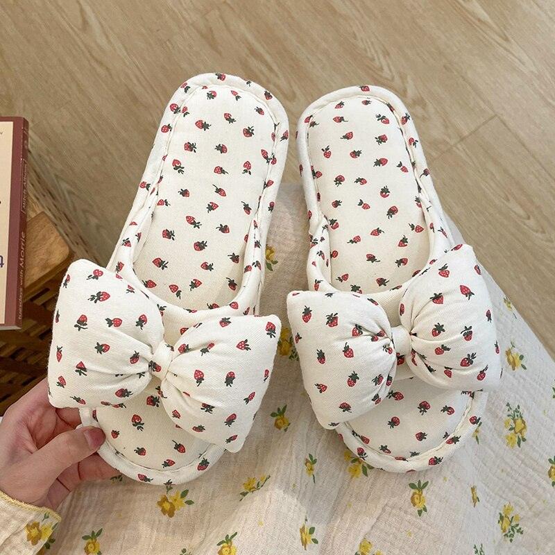Beautiful Bow Flat Lightweight Soft Spring Autumn Women Cotton Shoes Indoor Fluffy Warm Home Comfortable High Quality Slippers Memory Foam Open Toe Slide Slippers Ribbon Strap  Slip-On House Shoes Stevvex