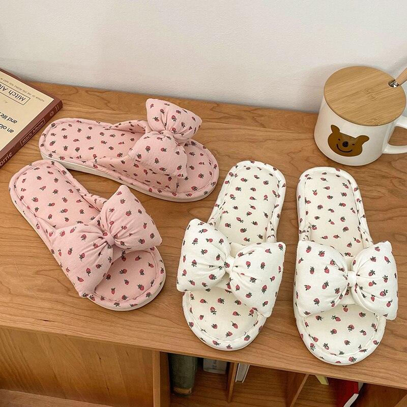 Beautiful Bow Flat Lightweight Soft Spring Autumn Women Cotton Shoes Indoor Fluffy Warm Home Comfortable High Quality Slippers Memory Foam Open Toe Slide Slippers Ribbon Strap  Slip-On House Shoes Stevvex