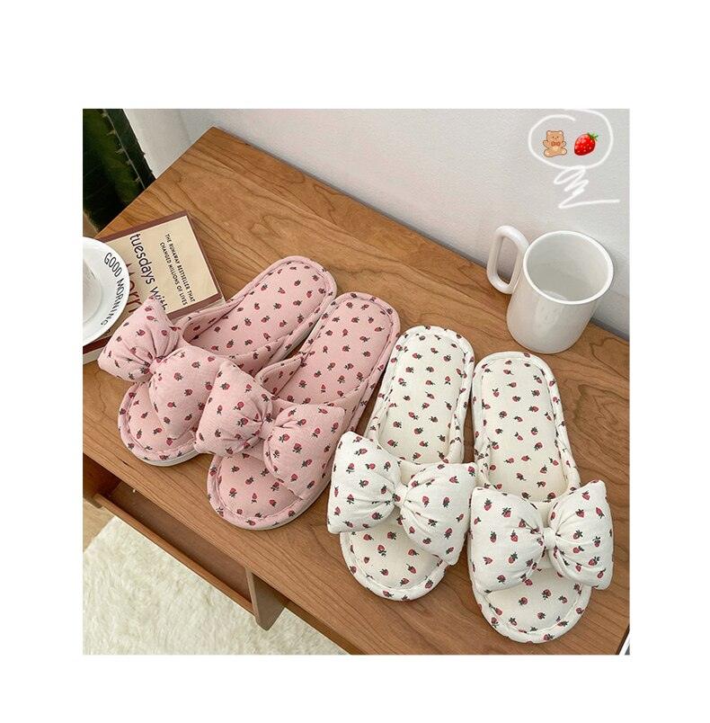 Beautiful Bow Flat Lightweight Soft Spring Autumn Women Cotton Shoes Indoor Fluffy Warm Home Comfortable High Quality Slippers Memory Foam Open Toe Slide Slippers Ribbon Strap  Slip-On House Shoes Stevvex