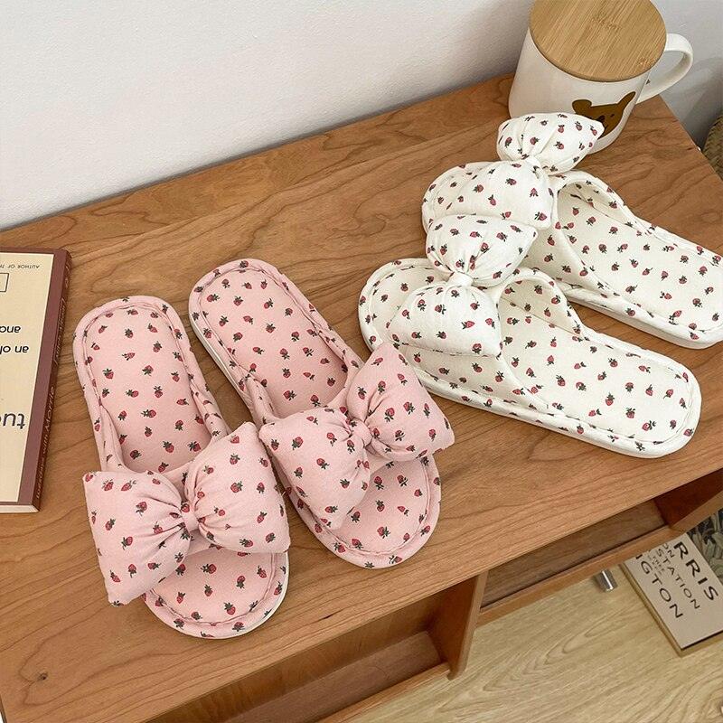 Beautiful Bow Flat Lightweight Soft Spring Autumn Women Cotton Shoes Indoor Fluffy Warm Home Comfortable High Quality Slippers Memory Foam Open Toe Slide Slippers Ribbon Strap  Slip-On House Shoes Stevvex