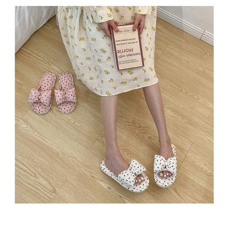 Beautiful Bow Flat Lightweight Soft Spring Autumn Women Cotton Shoes Indoor Fluffy Warm Home Comfortable High Quality Slippers Memory Foam Open Toe Slide Slippers Ribbon Strap  Slip-On House Shoes Stevvex