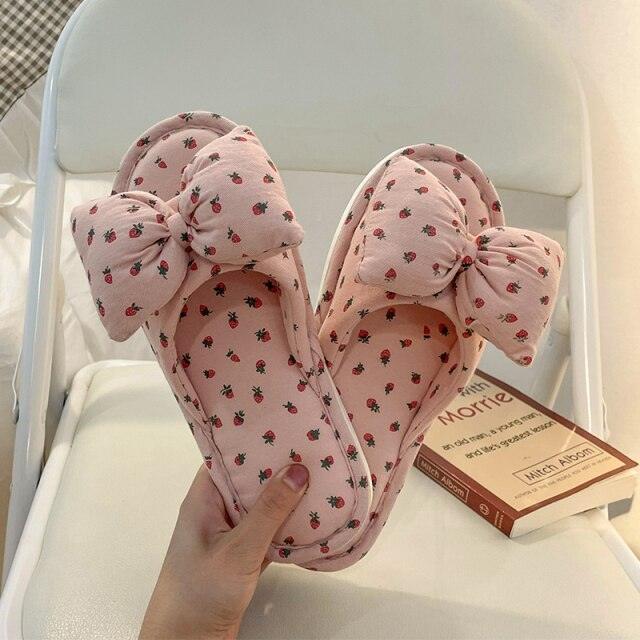 Beautiful Bow Flat Lightweight Soft Spring Autumn Women Cotton Shoes Indoor Fluffy Warm Home Comfortable High Quality Slippers Memory Foam Open Toe Slide Slippers Ribbon Strap  Slip-On House Shoes Stevvex