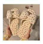 Beautiful Bow Flat Lightweight Soft Spring Autumn Women Cotton Shoes Indoor Fluffy Warm Home Comfortable High Quality Slippers Memory Foam Open Toe Slide Slippers Ribbon Strap  Slip-On House Shoes Stevvex