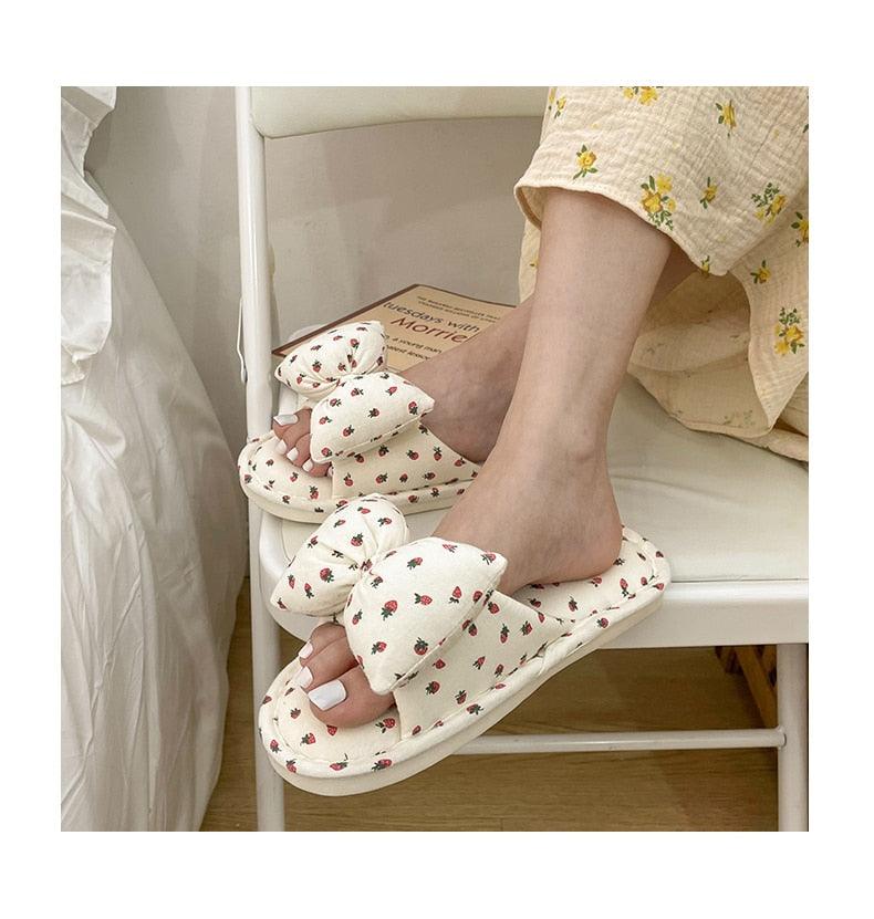 Beautiful Bow Flat Lightweight Soft Spring Autumn Women Cotton Shoes Indoor Fluffy Warm Home Comfortable High Quality Slippers Memory Foam Open Toe Slide Slippers Ribbon Strap  Slip-On House Shoes Stevvex