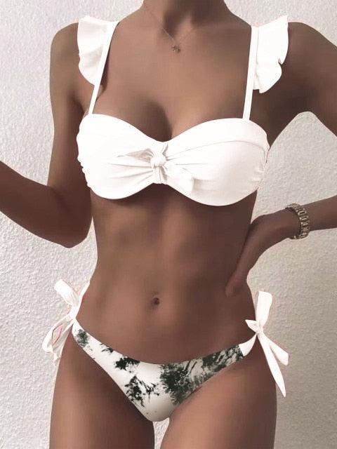 Beautiful Floral Push Up Women Bikini Push Up Bathing Suits Tie Knot Cute Ruffle Two Piece Swimsuits Swimsuit Female Swimwear Bra Cup Bikini Set High Cut Bathing Suit For Summer Stevvex