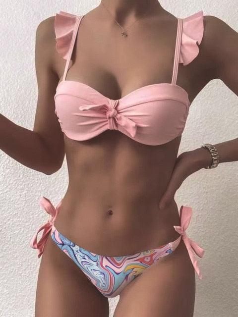Beautiful Floral Push Up Women Bikini Push Up Bathing Suits Tie Knot Cute Ruffle Two Piece Swimsuits Swimsuit Female Swimwear Bra Cup Bikini Set High Cut Bathing Suit For Summer Stevvex