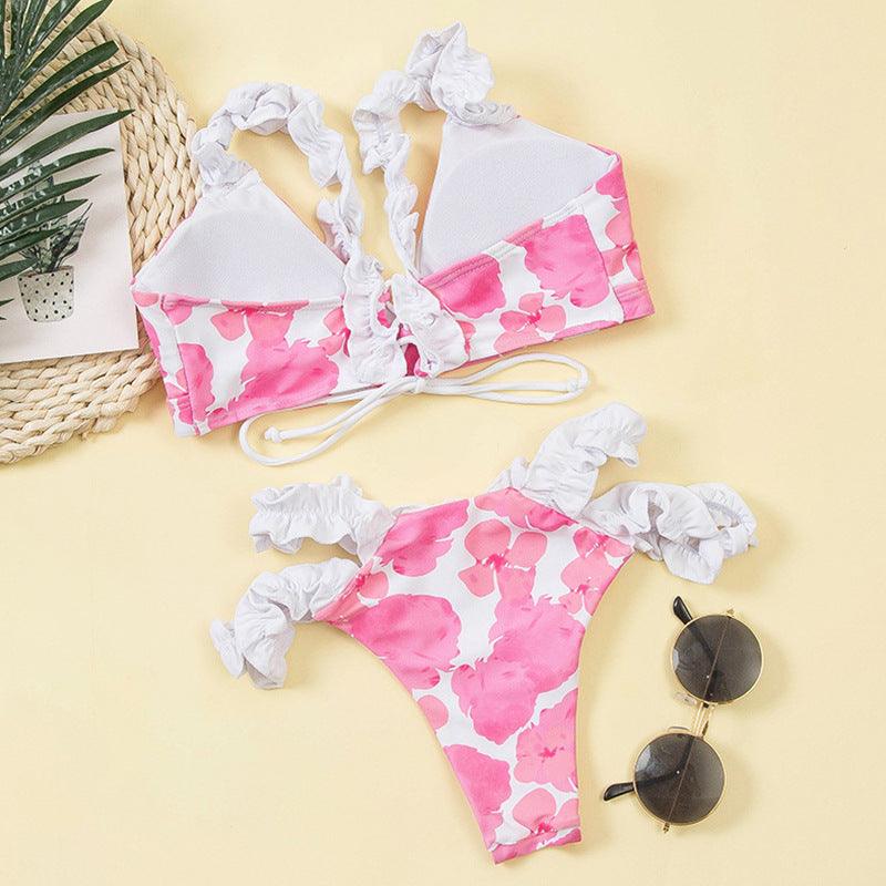 Beautiful Floral Push Up Women Bikini Push Up Bathing Suits Tie Knot Cute Ruffle Two Piece Swimsuits Swimsuit Female Swimwear Bra Cup Bikini Set High Cut Bathing Suit For Summer Stevvex